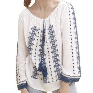 ROLLER RABBIT white blue embroidered peasant top